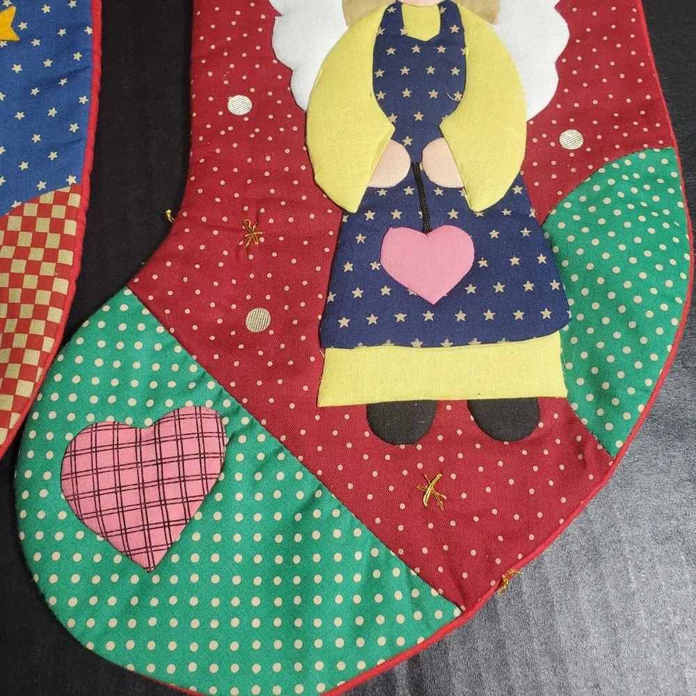 Matching Pair Vintage GANZ Snowman & Angel Patchwork Christmas Stocking Set 15